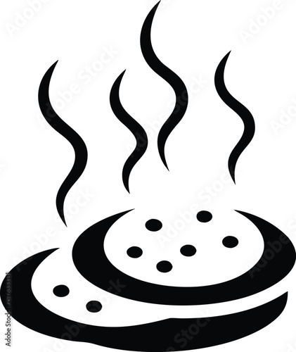 Black and White Icon Steaming Hot Flatbread or Pizza Two Layered Round Shape Food Illustration Simple Graphic Design