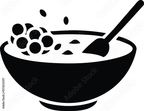 Black and white illustration of a bowl of food a spoon and berries vector