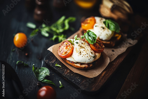 A beautifully presented breakfast showcases creamy burrata cheese atop toasted bread, garnished with vibrant tomatoes and fresh basil in a warm kitchen atmosphere