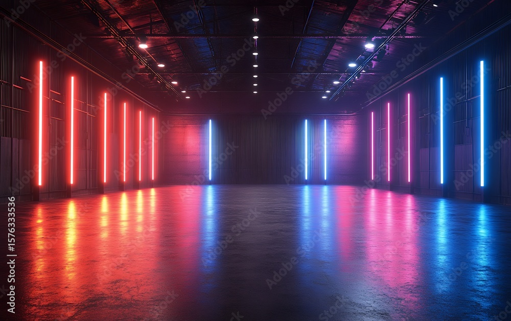 Fototapeta premium Neon lights illuminate a sleek, empty industrial space, creating a vibrant, futuristic atmosphere