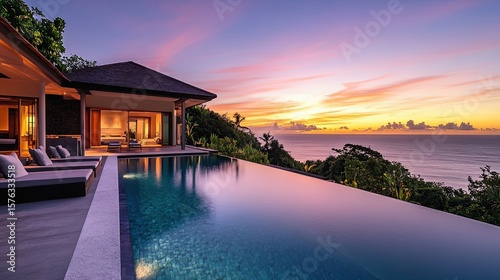 Modern luxury villa with infinity pool overlooking the ocean at sunset, aspirational travel and real estate concept for premium lifestyle visuals 