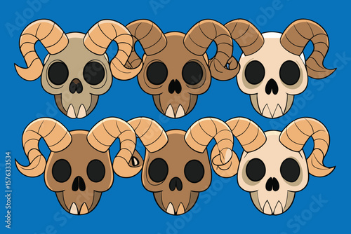 Cartoon Ram Skull Pattern on Blue Background - Spooky Vector Illustration