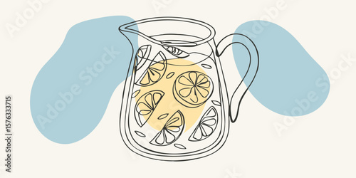 Line art pitcher filled with lemonade and lemon slices on background  