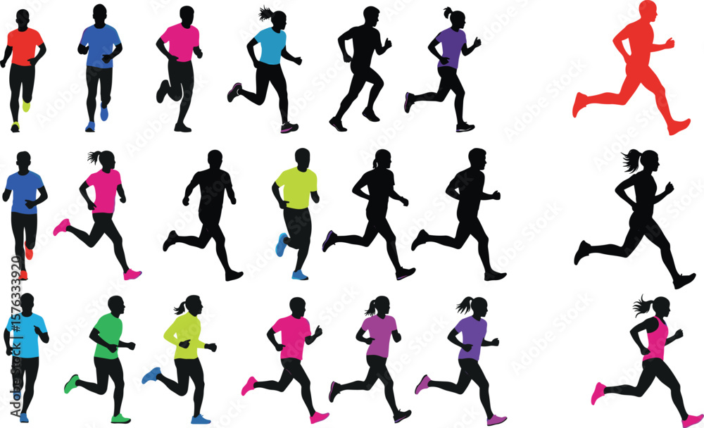 Naklejka premium Diverse Group of Runners Silhouettes, Men and Women Jogging, Dynamic Sport and Fitness Vector Collection, Active Lifestyle and Healthy Exercise.