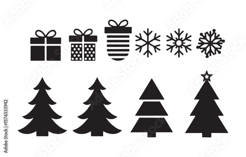 Set of winter and Christmas silhouettes, Christmas icons of trees, stars, gifts box,