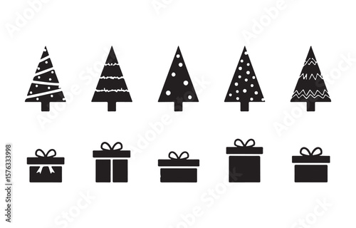 Set of winter and Christmas silhouettes, Christmas icons of trees, stars, gifts box,