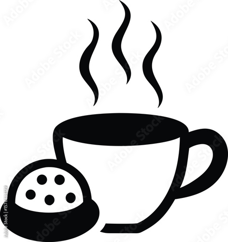 Black and white illustration of a steaming coffee cup and a cookie with chocolate chips vector