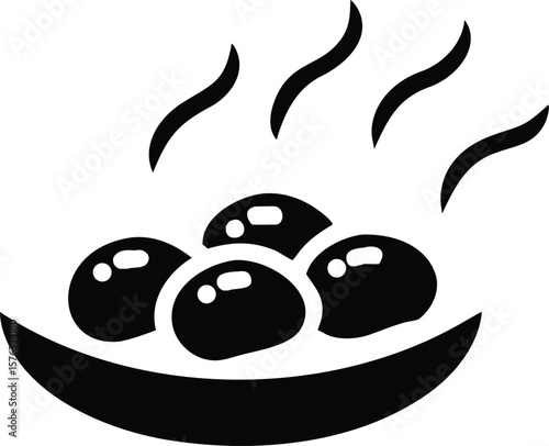 Black and White Illustration of Four Round Food Items in a Bowl with Steam Rising vector