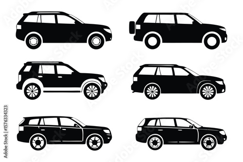 Silhouettes of Versatile Terrain Vehicles: A collection of meticulously crafted black SUV silhouettes showcase the sleek lines and robust features, perfect for illustrating automotive concepts. 