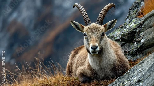 Wild mountain goat with curved horns lying on a rocky slope, showcasing alpine wildlife and natural highland habitat.
