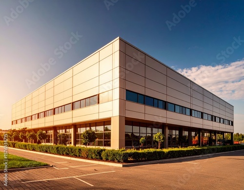 Modern supermarket building exterior against blue sky. Inviting facade