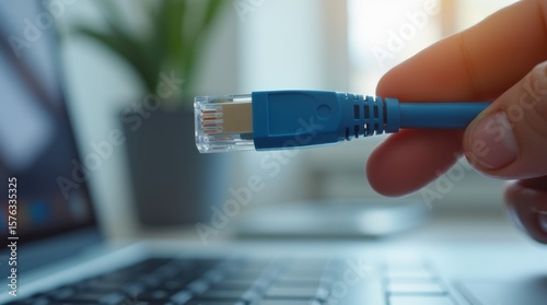 Hand plugging a blue ethernet cable into a laptop in a bright, modern office setting.

