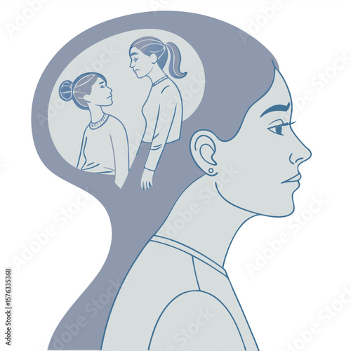 Reflective Thoughts: A Woman's Profile with Memories or Internal Dialogues of Past Interactions or Relationships Within Her Mind