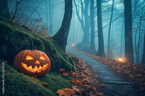 Spooky jack o lantern glowing on a mossy hillside in a foggy forest with lanterns lighting a path