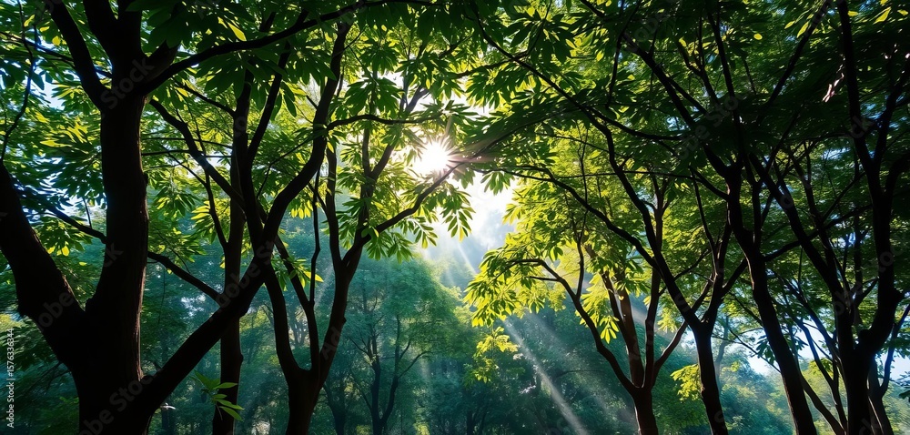 Fototapeta premium Indoor Sri Lankan trees, sunlight dappling leaves, lush, fresh