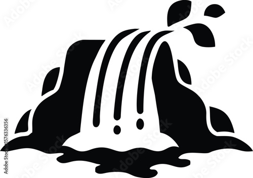 Black and White Waterfall Icon Simple Nature Graphic Three Streams Rocks Leaves Water Pool vector