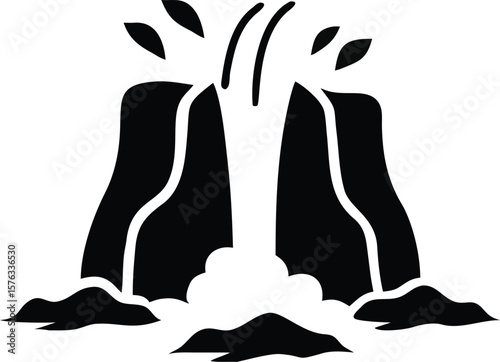 Black and White Waterfall Illustration Simple Nature Icon Geyser Water Splashing Rocks Design Element