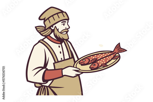 Fisherman with Fresh Catch: A bearded fisherman proudly presents a plate of freshly caught fish, embodying the spirit of a traditional catch, ready for the feast. 