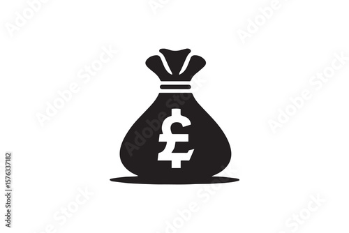 Black silhouette of a money bag with a pound sterling symbol on a white background