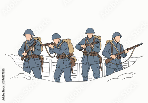 Handdrawn Illustration of World War 2 Soldiers in a Trench Warfare Scene