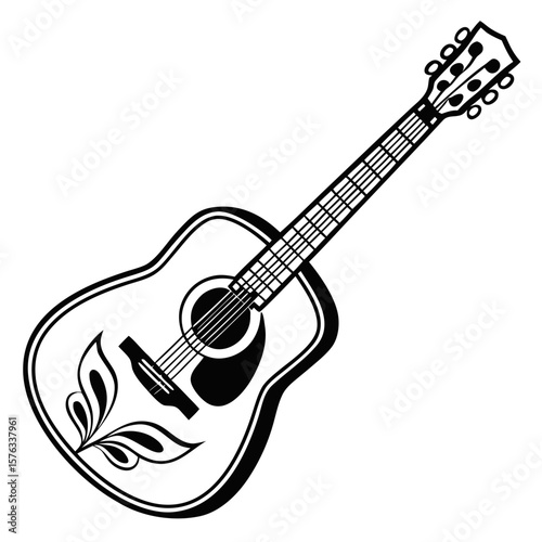 Black and white acoustic guitar illustration with floral design  