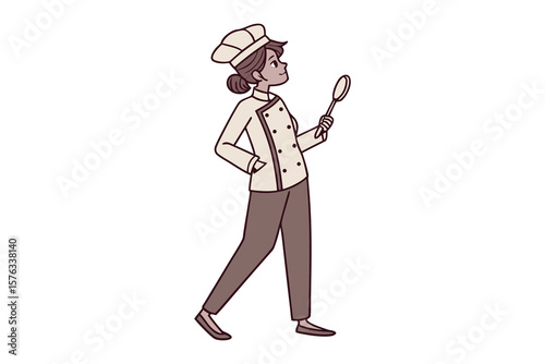 The Chef's Culinary Vision: A skilled chef, clad in traditional attire, looks on, brandishing a wooden spoon, and embodies culinary expertise and vision.