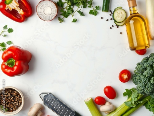 Fresh ingredients and kitchen tools arranged on a marble surface