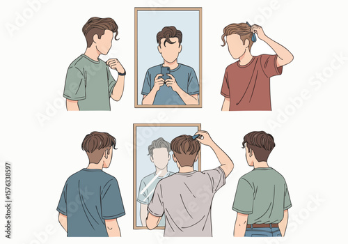 Simple Line Art of Man Cutting Hair in Front of Mirror Illustration