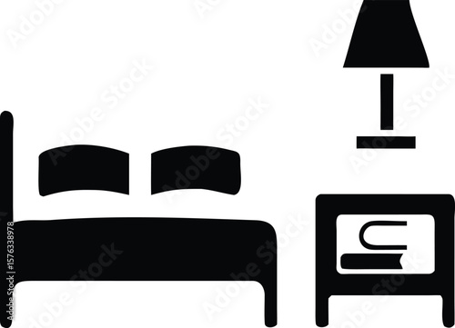 Black Silhouette Bedroom Scene Bed Nightstand Lamp Book Pillows Simple Minimalist Icon vector