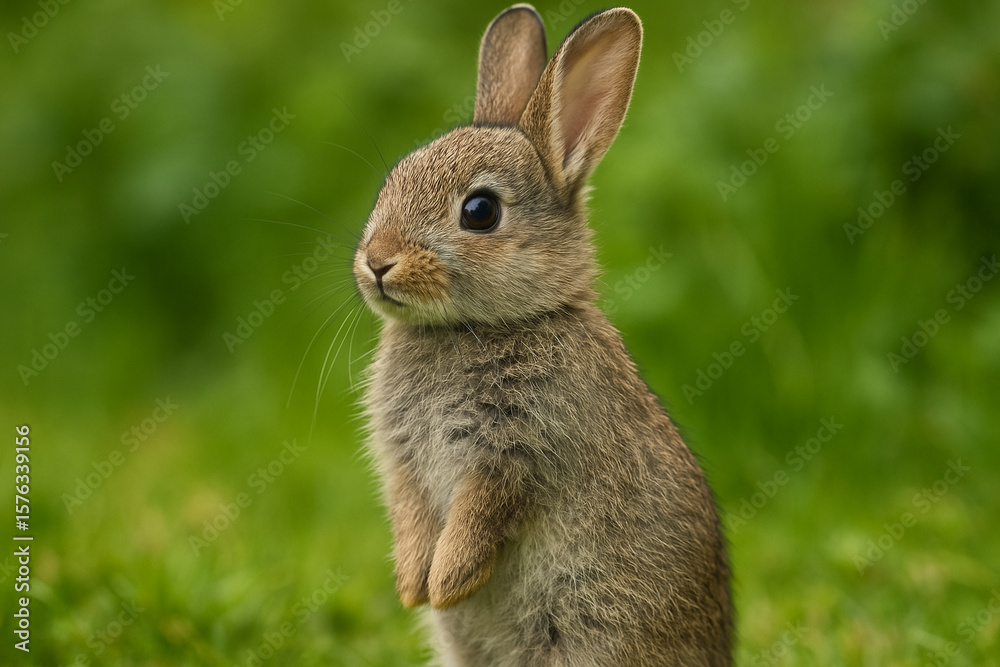 Fototapeta premium Adorable baby rabbit sitting upright in lush green grass with soft focus background