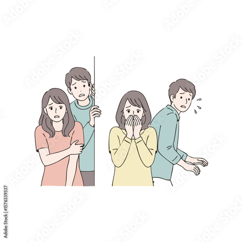 Flat Illustration Diverse People Peeking Behind Wall and Being Secretive