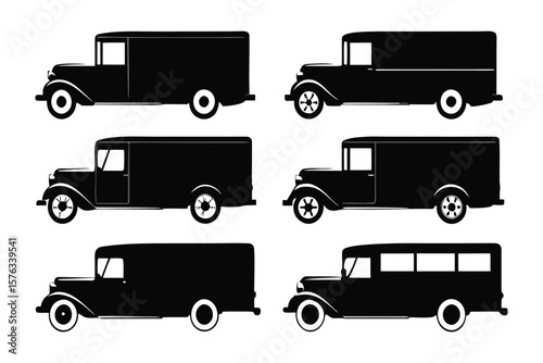 Vintage Trucks Collection: A compilation of classic vintage trucks, embodying a bygone era. The silhouette emphasizes the iconic designs, presenting a set of remarkable vehicles.