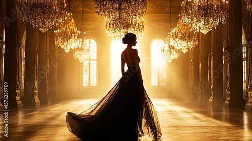 Elegant woman in haute couture evening gown walking through a grand hall with chandeliers, long silk dress flowing behind, soft warm light, timeless glamour ideal for luxury fashion brands and red