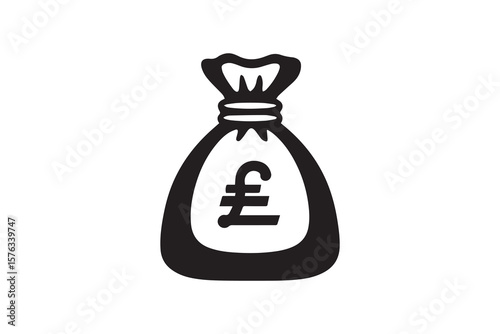 Stylized black silhouette of a money bag with a pound sterling symbol on a white background