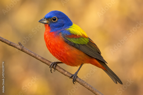 Vibrant painted bunting perched on a branch with a soft golden background