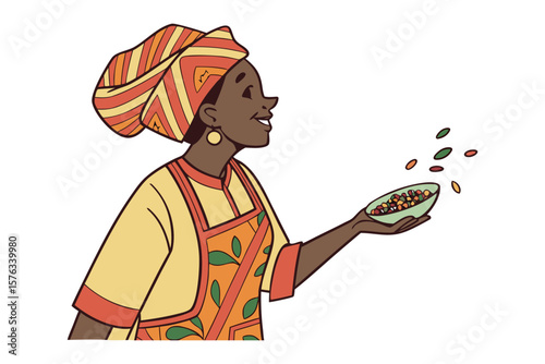 African woman and the seeds: A smiling African woman dressed in colorful attire holds a bowl of seeds and scatters some in the air. This illustration exudes the warmth of Africa, suggesting life.