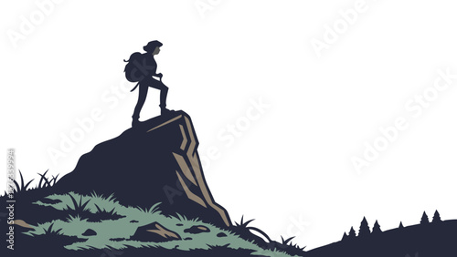 Tiny Solo Hiker Black Silhouette Against a Vast Mountain Landscape