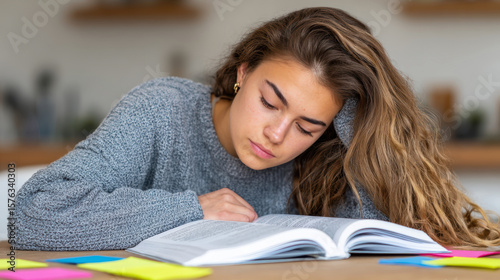 Scientific research on neuroscience student engrossed in reading textbook home study environment focused viewpoint