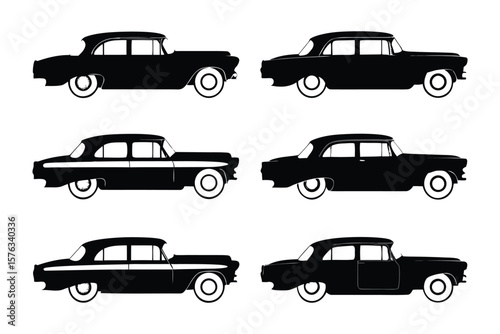 Classic Car Silhouettes: Six sleek classic car silhouettes, rendered in simple black and white, offer a timeless and versatile design element.