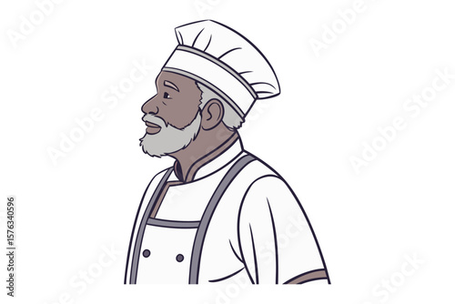 Chef Profile: A thoughtful illustration of an experienced chef, wearing a classic toque and apron, viewed from the side, conveys culinary expertise and a passion for cooking.
