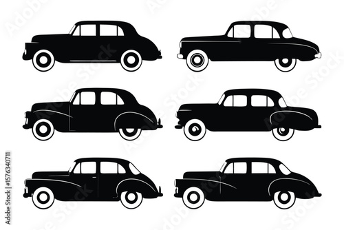 Classic Automobile Silhouette Collection: A sleek ensemble of classic automobiles rendered in monochrome, showcasing the elegance and design of vintage cars.