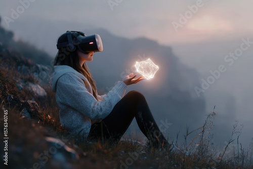 Woman wearing VR headset interacts with a glowing 3D object in a serene mountain landscape at sunset.