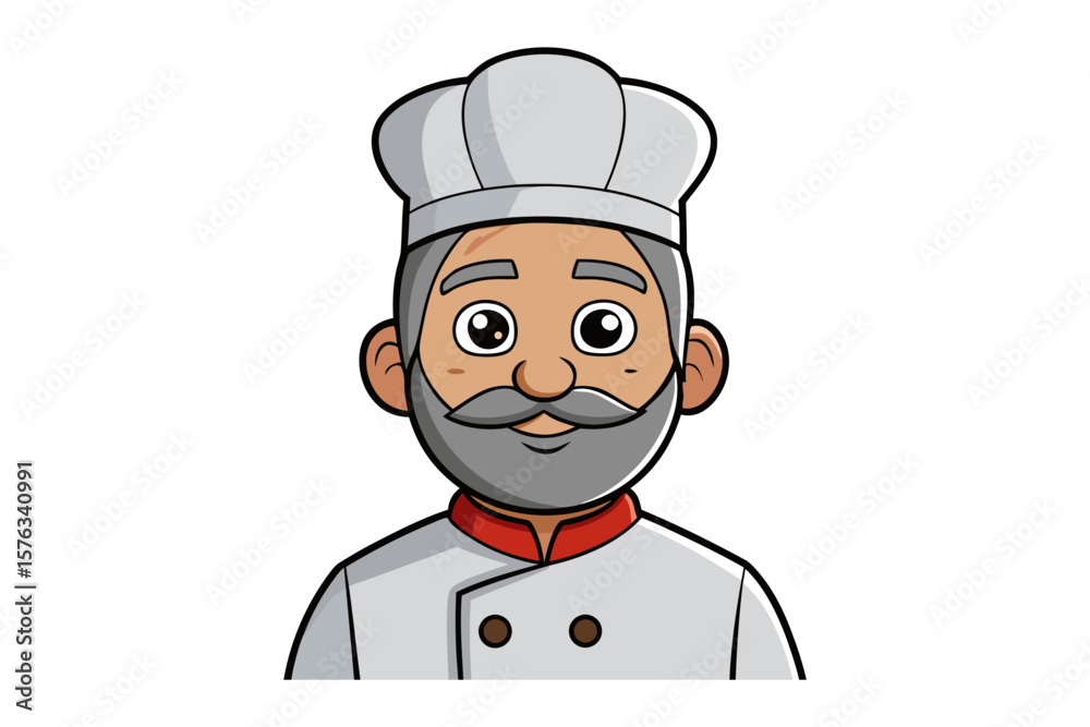 Smiling Chef: A cartoon illustration of a friendly senior chef with a gray beard, wearing a classic white chef's hat and jacket. He sports a warm, welcoming smile. Smiling Chef: A cartoon illustration of a friendly senior chef with a gray beard, wearing a classic white chef's hat and jacket. He sports a warm, welcoming smile.