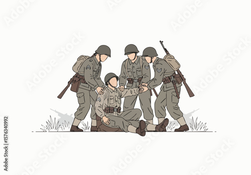 Illustration Detailed Soldiers Assisting Injured Comrade Military Action