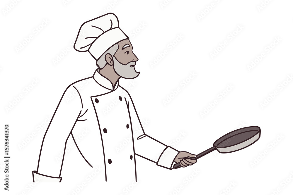 Naklejka premium Culinary Artist at Work: An illustration capturing a chef, poised with a frying pan.