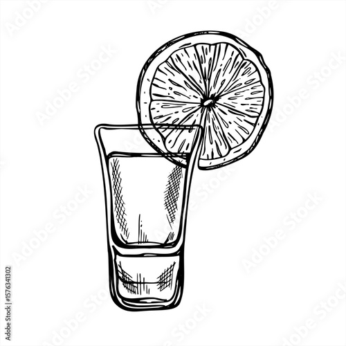 Shot glass with drink and lemon wedge hanging on rim black and white vector illustration painted by black inks. Cool alcohol drink with citrus sketch for bar menu, cocktail recipe, party invitation