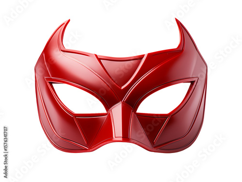 Shiny red superhero mask with angular design isolated on transparent background