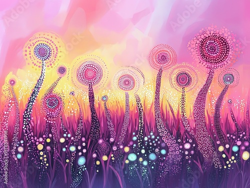 Abstract flowers in a field with a pink and purple sky background.