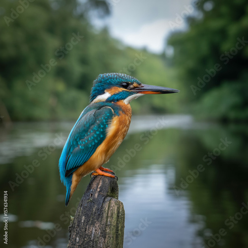 Vibrant Kingfisher Perched on a Wooden Post by Water