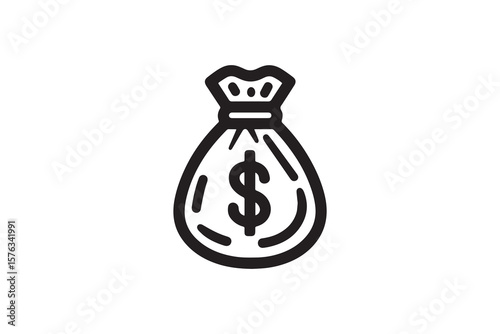 Hand-drawn illustration of a money bag, simple line art style, financial success concept, wealth and prosperity.